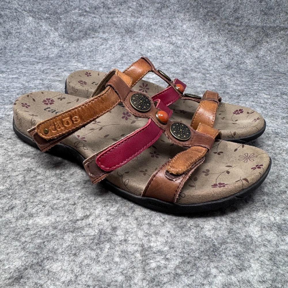 Taos Prize Sandals Womens Sz 7 Red & Tan Strappy Comfort Slide Shoes